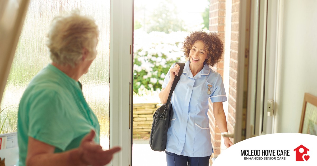 A caregiver comes in to see a client at home representing senior home care and the services offered.
