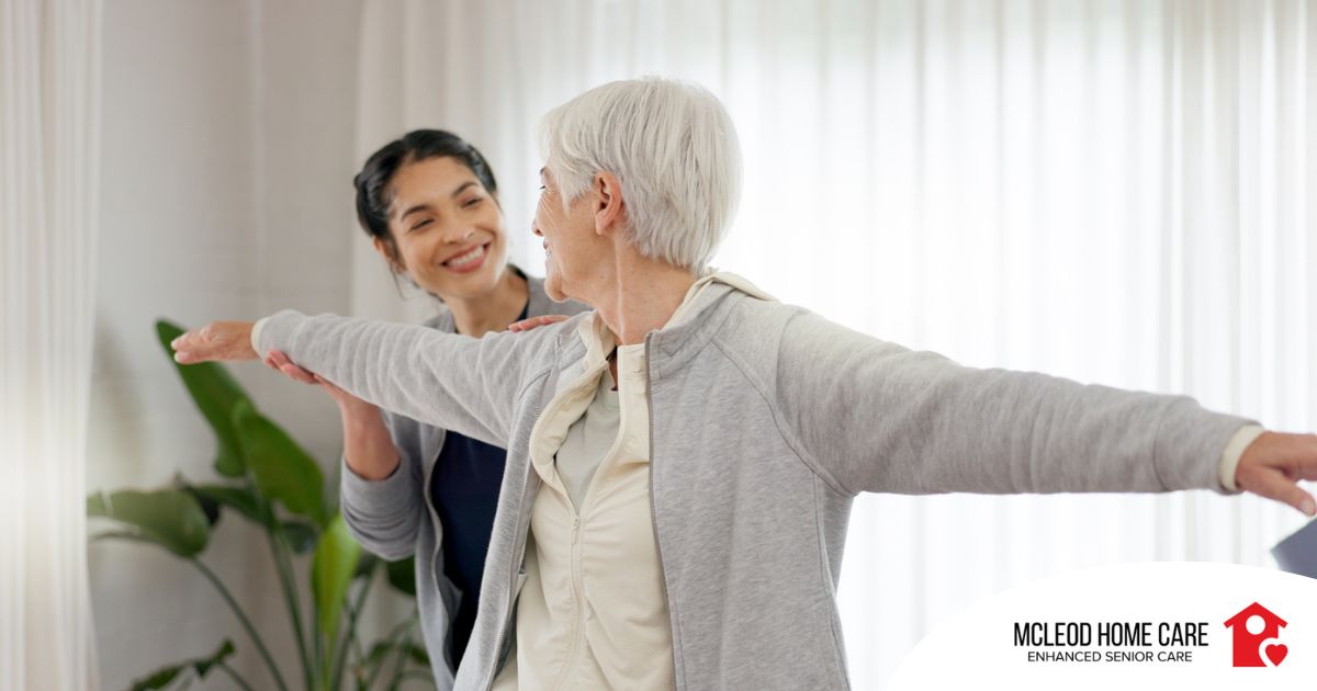 A caregiver and senior practice tai chi as one of many enriching activities for seniors at home.